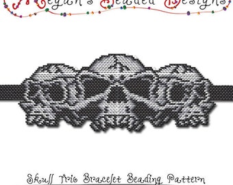 BEADING PATTERN - Halloween Skull Trio Bracelet in Brick Stitch or Peyote Stitch Sculptured Design - Printable PDF Pattern