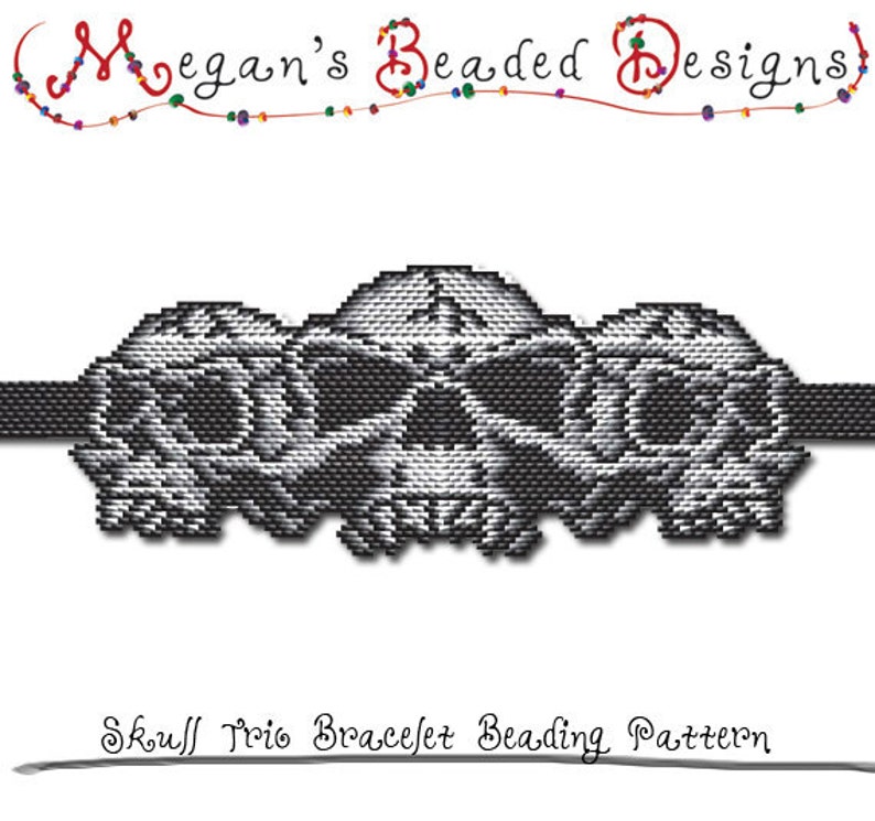 BEADING PATTERN Halloween Skull Trio Bracelet in Brick Stitch or Peyote Stitch Sculptured Design Printable PDF Pattern image 1