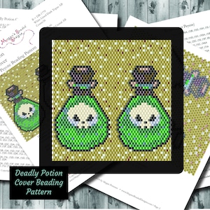 Peut inclure: Un modèle de perlage imprimable pour une fiole de potion verte avec un crâne et un chapeau haut de forme noir. Le motif est pour le point de peyote à nombre pair et est intitulé "Deadly Potion Lighter Cover Beading Pattern".