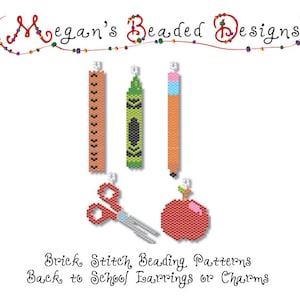 May include: Brick stitch beading patterns for back to school earrings or charms. The patterns include a ruler, crayon, pencil, scissors, and an apple.