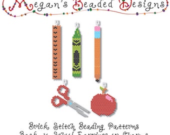 May include: Brick stitch beading patterns for back to school earrings or charms. The patterns include a ruler, crayon, pencil, scissors, and an apple.