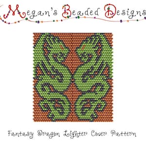 May include: A beaded pattern for a lighter cover, featuring a green and orange dragon design. The pattern is called "Fantasy Dragon Lighter Cover Pattern".