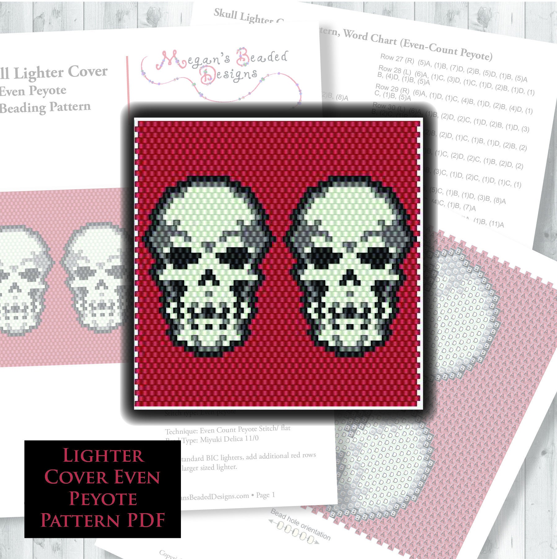 Beading Pattern: Skull Lighter Cover in Brick Stitch or Even