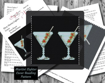 Beading Pattern: Dirty Martini Lighter Cover Even Peyote or Brick Stitch Cocktail Design with Green Olives, Sexy Stem Glass Black Background