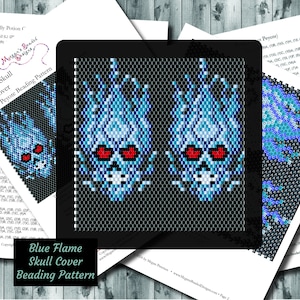 May include: A beading pattern for a blue flame skull lighter cover. The pattern is for even peyote stitch and includes instructions for each row. The pattern is on a white background with a blue and black skull image.