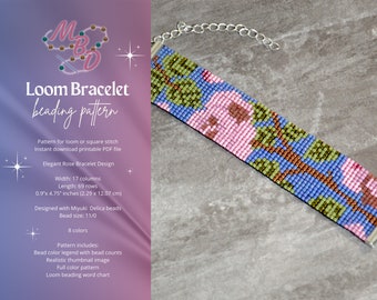 Victorian Rose Bracelet Beading Pattern, Pink Blue Green Floral Bead Diagram, Miyuki Delica Design and Word Chart DIY Jewelry Square Stitch