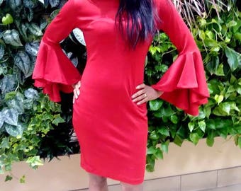 Ruffled Sleeve Dress Red