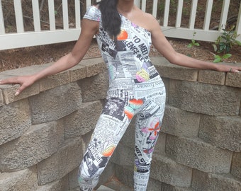 One Shoulder Newspaper Print Catsuit