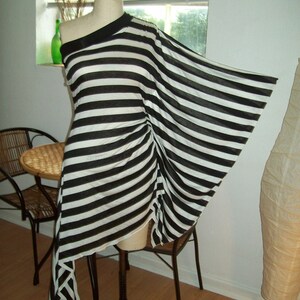 One Shoulder Kimono Sleeve Asymerical Black and White Stripe Tunic