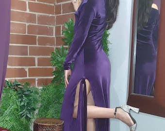 Purple Velvet Sash Slit Maxi Dress
