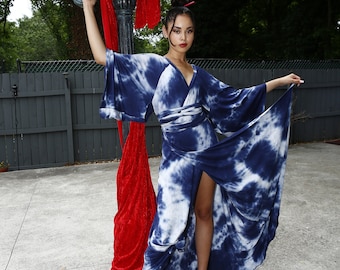 Kimono Sleeve Maxi Wrap Dress Tie Dye Blue