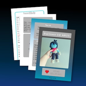 May include: A multi-page digital crochet pattern document titled Darkworld KRIS. The cover page features a photograph of a small, blue-skinned crocheted doll with dark hair, a red scarf, and dark pants. The document includes text instructions for legs and body construction, material lists, and notes.
