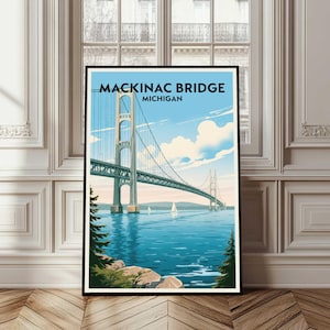 Pôster da Ponte Mackinac, pôster de viagem da Ponte Mackinac, arte de parede da Ponte Mackinac, Michigan, presente da cidade de Michigan, decoração da Ponte Mackinac