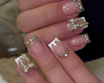 French Tip Press On Nails: Pink & White, Rhinestone Golden Bow 24pcs