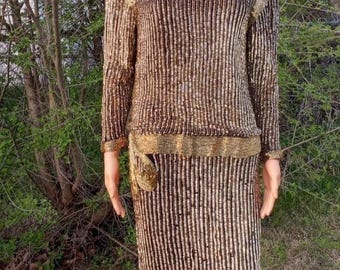 Gold Vintage Sequin Dress Elegant Fashion MARK & JOHNN Size (L)