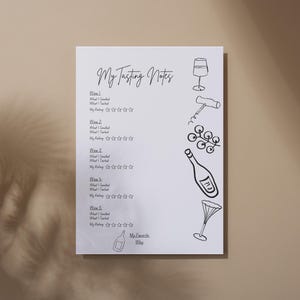 May include: A printable wine tasting notes sheet with a black and white design. The sheet includes space to write the name of the wine, what you tasted, and your rating. It also includes illustrations of a wine glass, a corkscrew, grapes, a bottle of wine, and a martini glass.