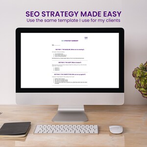 May include: A desktop computer displays a document titled "SEO Strategy Summary." The screen is surrounded by a keyboard, mouse, notebook, pen, and a vase of flowers. The text "SEO Strategy Made Easy" is at the top.