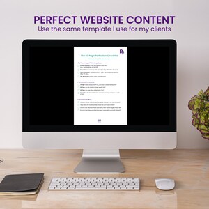 May include: A desktop computer displays a checklist titled "The 64 Page Perfection Checklist." The screen is on a wooden desk with a keyboard, mouse, notebook, pen, and a vase of flowers. The text "PERFECT WEBSITE CONTENT" is at the top.