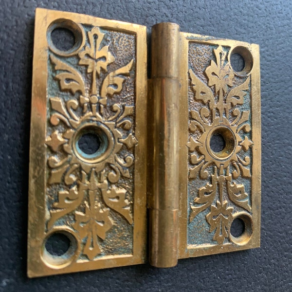 Old Small Cast Brass Butte Hinge - Victorian era Assemblage Supply Jewelry Pendant Ornate Vintage Hardware - Stormy Gingerbread Patina