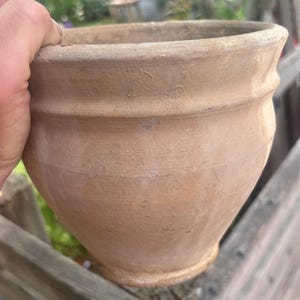 May include: A light brown, unglazed terracotta flower pot. The pot has a wide, slightly flared rim and a rounded body that tapers to a smaller base. The pot is held by a hand, and the background is blurred.