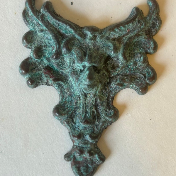 Rusty Vintage Stamped Brass Gothic Figural - Stamping Pendant - Homemade Verdigris Patina