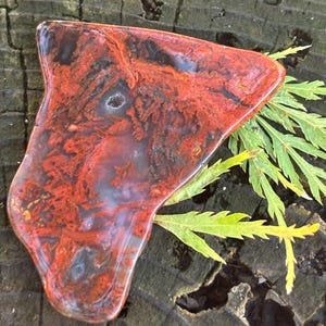 May include: A polished, irregularly shaped stone with a vibrant red and black pattern. The stone has a unique, organic form, with a mix of colors and textures. The stone is displayed on a weathered wooden surface, with green leaves.