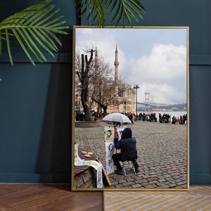 Street Artist in Istanbul – Bosphorus View, Mosque & Bridge Scene, Urban Photography Print, Travel Wall Art, Turkish Decor