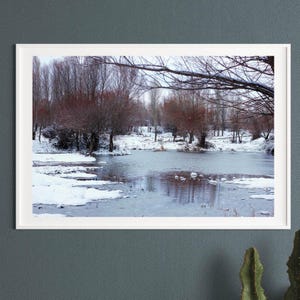 Winter Lake Scene Printable Wall Art | Snow Landscape Photography | Nature Digital Download | Calm Frozen Forest Home Decor