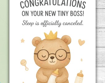 Funny Baby Shower Card | Watercolor Bear, Tiny Boss (Digital Download)