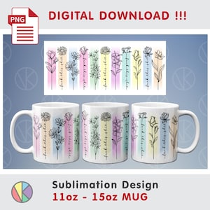 May include: White ceramic mugs with floral designs and the text "fuck this shit" in black script. The flowers are outlined in black with colorful vertical stripes. The image also includes a "PNG" file icon and the words "DIGITAL DOWNLOAD !!!".