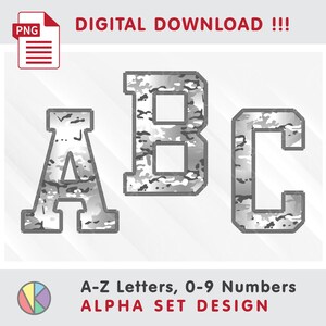 Puede incluir: Gráfico de descarga digital con las letras A, B y C en un patrón de camuflaje. El diseño incluye el texto "DIGITAL DOWNLOAD !!!" y "A-Z Letters, 0-9 Numbers ALPHA SET DESIGN". El icono del archivo PNG es visible.