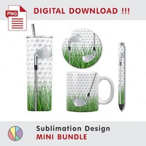 May include: A sublimation design mini bundle featuring a golf theme. The set includes a tumbler, coaster, mug, and pen, all with a golf ball pattern and golf club design. The items have a green grass design.