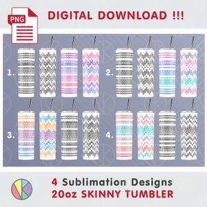 May include: Digital download of four 20oz skinny tumbler designs. Each tumbler features a unique pattern in various colours, including black, white, pink, blue, and orange. The designs are numbered 1 through 4. The text "DIGITAL DOWNLOAD !!!" is at the top.