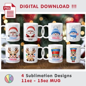May include: White ceramic mugs with various Christmas designs, including Santa Claus, a snowman, a reindeer, and a toy soldier. Each mug features a name banner. The text "DIGITAL DOWNLOAD !!!" is at the top.