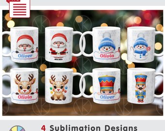 May include: White ceramic mugs with festive Christmas designs, including Santa Claus, a snowman, a reindeer, and a toy soldier. Each mug has a name banner. The text "DIGITAL DOWNLOAD !!!" is at the top.