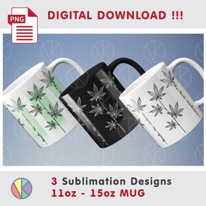 May include: Three ceramic mugs with cannabis leaf designs. One mug is black, one is white with green stripes, and the other is white. Each mug has a black cannabis leaf design and the text "back to nature" or "the best medicine".
