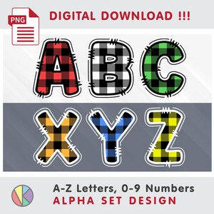 May include: A digital download PNG file featuring an A-Z letter and 0-9 number alpha set design. The letters A, B, C, X, Y, and Z are displayed with a colorful buffalo plaid pattern, black outlines, and a stitched effect around the edges.