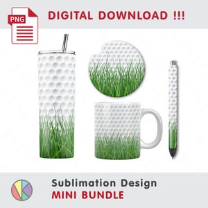 Może przedstawiać: Mini zestaw do sublimacji z białym kubkiem ze słomką, podstawką, kubkiem i długopisem. Każdy przedmiot ma fakturę piłki golfowej i zielony wzór trawy. U góry znajduje się napis "DIGITAL DOWNLOAD !!!".