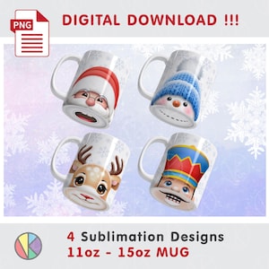 Puede incluir: Cuatro tazas de cerámica blanca con diseños navideños. Una taza presenta a Papá Noel, otra a un muñeco de nieve, una tercera a un reno y la última a un cascanueces. Las tazas son de 312ml a 425ml.