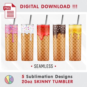 May include: Five 20oz skinny tumblers with ice cream cone designs. Each tumbler features a different ice cream flavor: pink with sprinkles, white with colorful sprinkles, red, brown with white dots, and yellow. Each has a silver straw.