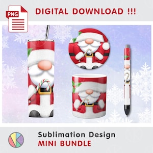 Può includere: Un mini pacchetto di design per sublimazione con un design di Babbo Natale. Il pacchetto include un bicchiere, un sottobicchiere, una tazza e una penna. Il design di Babbo Natale è rosso, bianco e nero con un bastoncino di zucchero. Il testo "DIGITAL DOWNLOAD !!!" è in alto.