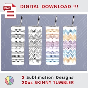 Op de afbeelding: Vier 590 ml skinny bekers met roestvrijstalen rietjes. Elke beker heeft een uniek geometrisch ontwerp in zwart, oranje, paars en blauw. De tekst "DIGITAL DOWNLOAD !!!" en "2 Sublimation Designs 20oz SKINNY TUMBLER" zijn ook zichtbaar.