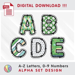 Golf Sport Alpha Set: Doodle Alphabet. Sublimation, DTF, Clipart, Letters, Numbers. Hand Drawn Alpha Font. PNG (Digital Download)