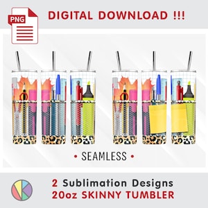 Könnte beinhalten: Zwei 20oz Skinny-Tumbler-Sublimationsdesigns mit kariertem Hintergrund, Schulbedarf wie Stiften und Textmarkern, einem Ahornblatt, einer Netz-Taschengrafik und einem Leopardenmuster am Boden. Der Text lautet DIGITAL DOWNLOAD und SEAMLESS.