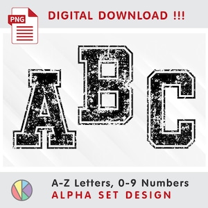 Distressed Varsity Grunge Alpha Set: Sports School Style. Sublimering, DTF, Typografisk Design, Bokstäver, Siffror. PNG (Digital Nedladdning)