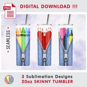 3 dragkedjemönster i denim för skolan: 20oz smal tumbler. Sömlösa mönster. Gör-det-själv-sublimering. Helomslag. PNG-filer (digital nedladdning)