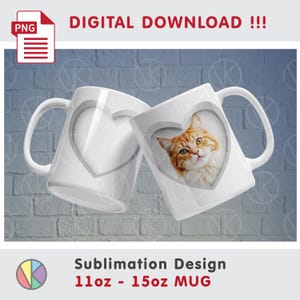 Può includere: Due tazze in ceramica bianca con disegni a forma di cuore. Una tazza presenta un gatto tabby arancione all'interno del cuore. Le tazze sono etichettate "Sublimation Design" e "11oz - 15oz MUG". Le parole "DIGITAL DOWNLOAD !!!" sono in alto.