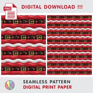 Può includere: Carta da stampa digitale senza cuciture con un motivo ripetuto di elementi rossi, bianchi e neri. Il design include linee ondulate, cinture nere con fibbie dorate e il testo "DIGITAL DOWNLOAD !!!".