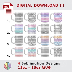 May include: A collection of white ceramic mugs with various colorful geometric patterns. The mugs are available in 11oz and 15oz sizes. The image includes the text "DIGITAL DOWNLOAD !!!" and "4 Sublimation Designs".