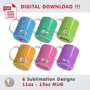 6 Funny Monster Patterns - 11oz-15oz Mouth Bottom Coffee Mug - Sublimation - PNG - Full wrap